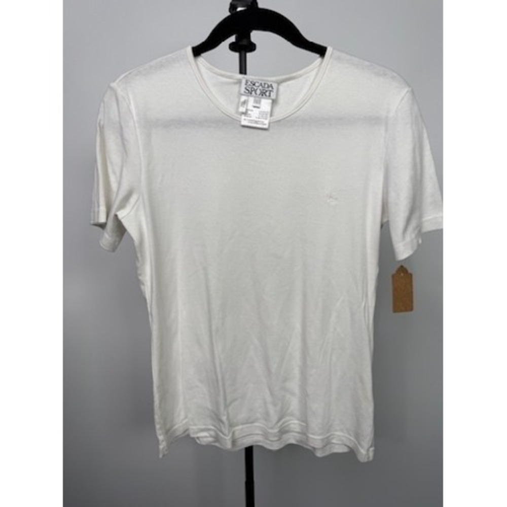 Escada Sport Vintage Womens White Ribbed Cotton Short Sleeve Logo T-Shirt Sz L